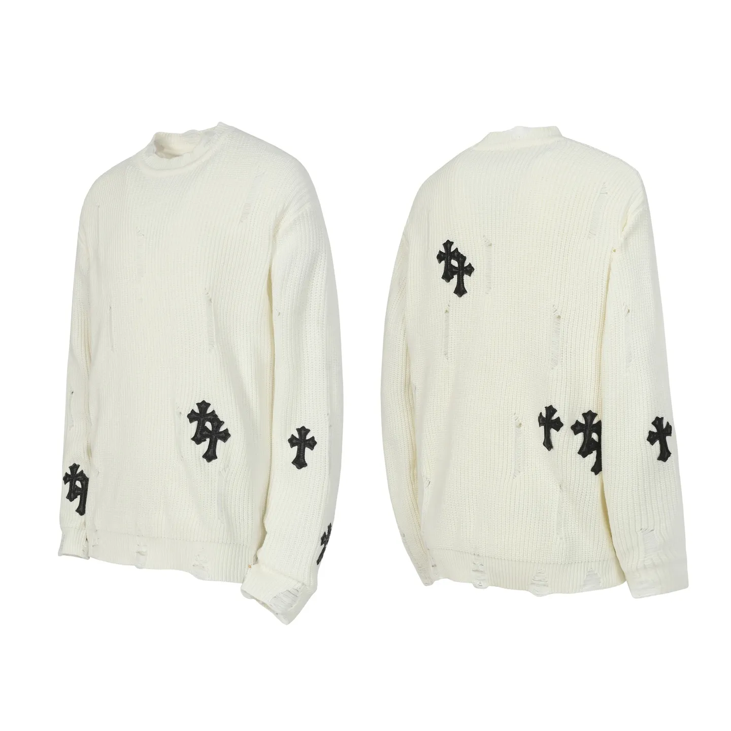 P270 #M902 Cross-border model, please do not place an order if you are pursuing quality - Chrome Hearts/Chrome Hearts cross leather✝️Frayed knitted sweater - High weight, high density and high quality. The wool is soft, delicate and skin-friendly. It feels soft and silky. It has excellent warmth and skin-friendly properties - Custom-woven and dyed with no color difference. No matter the fabric or workmanship details, it beats the ordinary version on the market - Hardware zipper accessories are all customized and full of details -Colour: off-white -Size: S M L XL